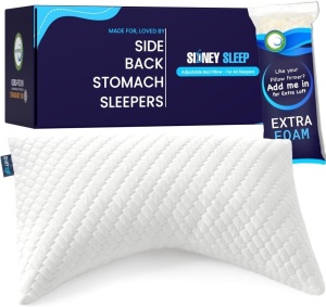 Sidney Sleep Pillow for Side and Back Sleepers - Comfort for Neck and Shoulder Pain - Adjustable and Customizable Shredded Memory Foam Filling - Queen Size - Additional Foam Fill Included (White)