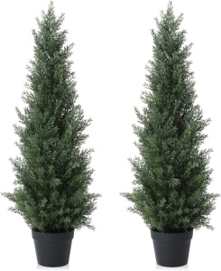 3FT Artificial Cedar Topiary Trees for Outdoors Potted Fake Cypress Trees Faux Evergreen Plants for Home Porch Decor Set of 2