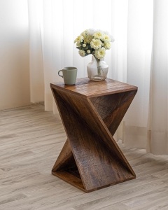 Hand Made One-of-a-Kind Carved Mango Wood Twisted X Shape End Table, Natural