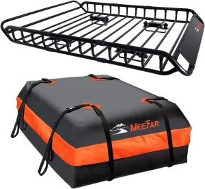 MeeFar Roof Rack Carrier Basket Universal Rooftop 51" X 36" X 5" + Waterproof Bag 15 Cubic Feet (44" 34" 17"), and Cargo Net with Attachment Hooks, Ratchet Straps