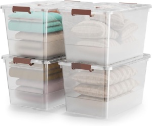 WYT 4 Pack 53qt Clear Plastic Storage Bin with Lid and Latching Buckles, Stackable Tote Organizing Box with Handle