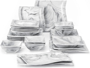 MALACASA 26 Pieces Dinnerware Sets for 6, Porcelain Plates and Bowls Sets, Square Dinnerware Set with Dinner Plates and Bowls, Dishes and Serving Platters, Marble Plates Dishware Sets, Series Flora