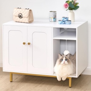 Cat Litter Box Enclosure, Hidden Litter Box Furniture, Indoor Cat House with Storage Shelf, Wooden Pet Cat Cabinet, Fits Most Litter Box, 19.7 x 31.5 x 23.9, White CB82113A