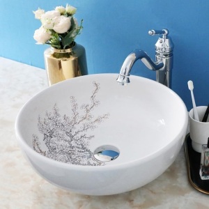 Bathroom Vessel Sink White Ceramic Sink bathroom sink bowl,bathroom sinks above counter with Vintage Chrome Faucet Combo Round Vessel Sink with Plum Blossom Pattern and Pop-up Drain Combo