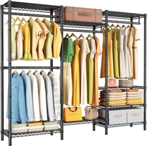 Heavy Duty Garment Rack Large Clothes Rack,Freestanding Closet Portable Clothing Rack with 8 Adjustable Wire Shelves and 4 Hang Rods,Metal Closet Storage Wardrobe Organizer System,Max Load 800lbs