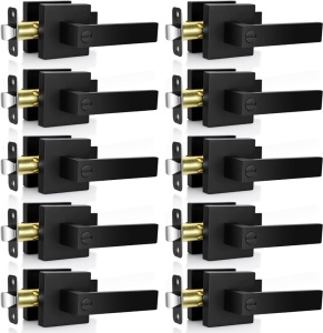 10 Pack Privacy Door Levers Heavy Duty Door Locks Without Key, Matte Black Door Knobs Keyless Flat Square Handleset Lockset for Bedroom/Bathroom/Rooms, Reversible for Left & Right Handed Doors