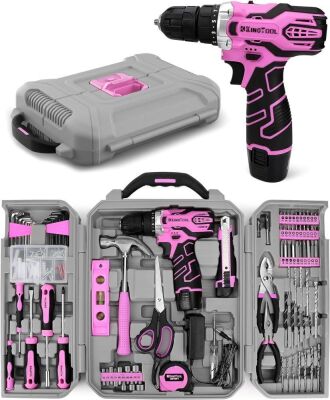 KingTool 219 Pieces Pink Tool Kit with 12V Max Power Cordless Drill