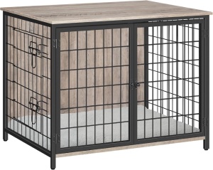 Dog Crate Furniture with Cushion, Wooden Dog Kennel with Double Doors, Heavy Duty Dog Cage for Small/Medium/Large Dogs, Indoor Dog House End Table, 31.5" L, Greige DCHG0701