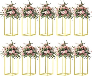 10 Pcs 15.75inch Gold Wedding Flower Vase Metal Column Flower Stand , Geometric Centerpieces Vase for Table, Home Party Wedding Decorations