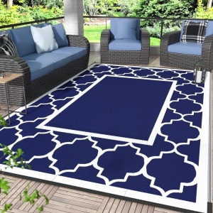 GENIMO 9' x 12' Outdoor Rug Waterproof for Patio Decor, Foldable Reversible Plastic Straw Area Rugs Mat for Camper, Outside Carpet for Rv, Deck, Porch, Picnic, Beach, Balcony, Blue & White