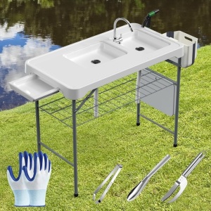 Fish Cleaning Table with Sink 42.6" Width Portable Folding Camping Table with Measure Mark|Outdoor Fish Cleaning Station with Grid Rack&Fish Cleaning Kit for Patio