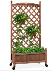 Wood Planter Box & Lattice Trellis w/ Drainage, Optional Wheels - 60in $236.99