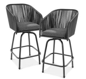 Swivel Wicker Outdoor Bar Stool with Black Cushions, Set of 2  