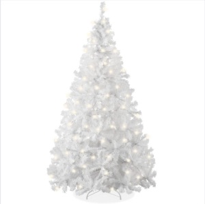 Pre-Lit Hinged Artificial White Pine Christmas Tree w/ Lights, Metal Stand 4.5ft