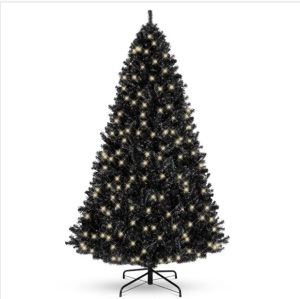 Pre-Lit Artificial Black Christmas Tree w/ Incandescent Lights, Metal Stand 4.5ft