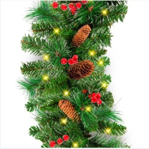 Pre-Lit Pre-Decorated Garland w/ PVC Branch Tips, 50 Lights - 9ft