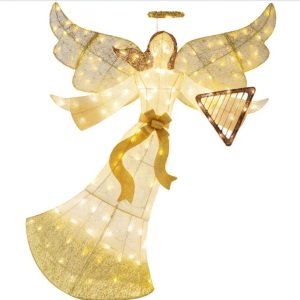 Lighted Outdoor Angel Christmas Decoration w/ 140 Lights, Harp, Stakes - 5ft