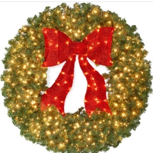 Pre-Lit Artificial Fir Christmas Wreath w/ Red Bow, LED Lights 48"