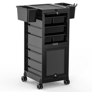 OmySalon Rolling Salon Trolley Cart w/Wheels & 2 Lockable Doors, 4 Drawers, 2 Buckets, 1 Dryer Holder