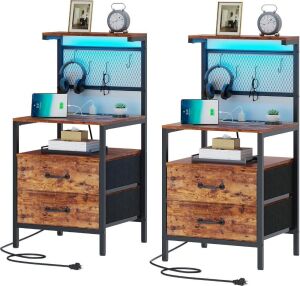 Tall Nightstand with Charging Station and LED Lights, Set of 2 