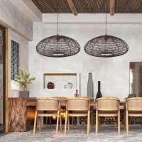Arturesthome 1 Light Round Rattan Pendant Light, Boho Wicker Chandelier Basket Lighting Fixture, Large Woven Hanging Lamp for Kitchen Island Entryway BLACK