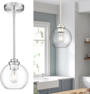 Globe Pendant Light Fixture, Modern Brushed Nickel Hanging Light with Clear Glass for Kitchen Island Dining Room Bedroom Hallway Foyer (1 Pack), PL101BN