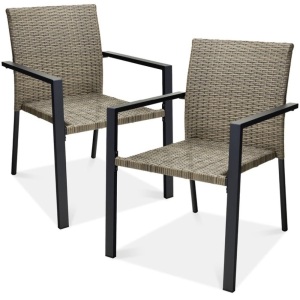 Set of 2 Stackable Wicker Chairs w/ Armrests, Steel Accent Furniture 