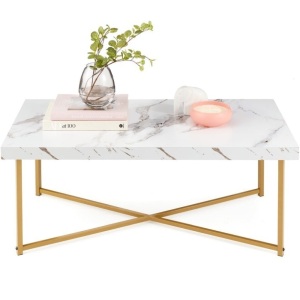 Rectangular Coffee Table w/ X-Base, Faux Marble Top, Non-Scratch Feet - 44in 