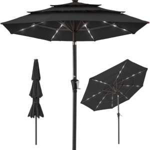 3-Tier Solar Patio Umbrella w/ LED Lights, Tilt Adjustment, Crank - 10ft 