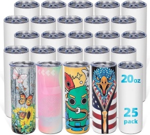 UIRZOTN 25 Pack 20 OZ Sublimation Tumbler Blanks Skinny Straight in Bulk, Stainless Steel Insulated Sublimation Tumbler with Polymer Coating for Heat Transfer, with Lid, Straw, Ribbon, Keepsake Box