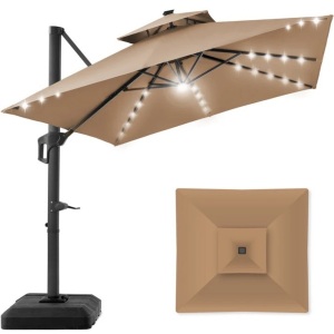 2-Tier Square LED Cantilever Offset Umbrella w/ 360 Rotation, Base - 10x10ft     