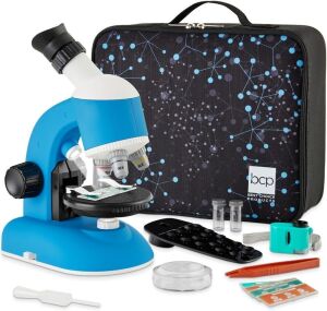  Kids Microscope STEM Learning Tool, LED Light, Science Kit w/ 100x, 600x, 1200x Zoom, Prepared & Blank Slides, Carrying Case 