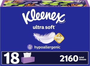 Kleenex Ultra Soft Facial Tissues, 18 Flat Boxes, 120 Tissues per Box, 3-Ply (2,160 Total Tissues), Packaging May Vary