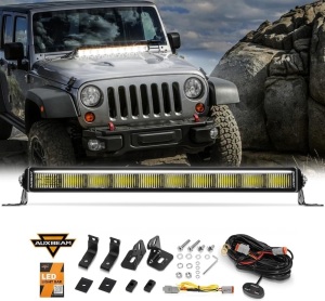 Auxbeam 22 Inch Single Row LED Light Bar White Amber Offroad DRL Driving Lights with Side&Bottom Bracket DT Plug Adapter Wiring Harness 1 Leads