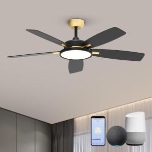 Roomratv Ceiling Fans with Lights,Ultra Silent 52 inch Smart Ceiling Fans with Dimmable LED Light Compatible with Google Home Alexa App Control(Black Gold