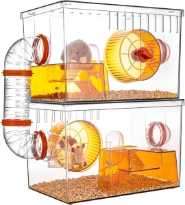 2-Floor Hamster Cages and Small Animal Habitat, Deluxe Hamster Cage with Food Bowl, Water Bottle, Running Wheels, 2-Layer Small Pet House for Dwarf Hamsters, Mice, Gerbils