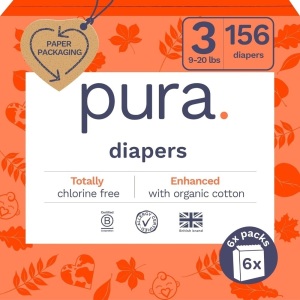 Pura Size 3 Eco-Friendly Diapers (9-20lbs) Totally Chlorine Free (TCF), Hypoallergenic, Soft Organic Cotton, Sustainable, up to 12 Hours Leak Protection, Allergy UK, 6 Packs of 26 (156 Diapers)