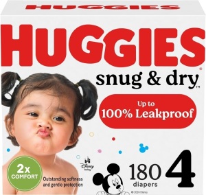 Huggies Size 4 Diapers, Snug & Dry Baby Diapers, Size 4 (22-37 lbs), 180 Count (6 Packs of 30), Packaging May Vary