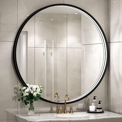 FTOTI LED Black Frame Round Bathroom Mirror 