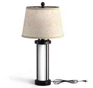 26.3 in. Black Modern Metal Integrated LED Fabric Lampshade Table lamp with Dual USB Charging Ports