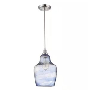 60-Watt 1-Light Chrome Island Mini Pendant Light w/Blue/Clear Hand-Blown Glass, No Bulb Included 