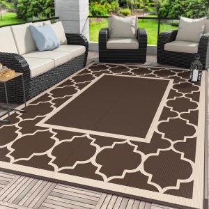 GENIMO 9' x 12' Outdoor Rug Waterproof for Patio Decor, Foldable Reversible Plastic Straw Area Rugs Mat for Camper, Outside Carpet for Rv, Deck, Porch, Picnic, Beach, Balcony, Coffee & Beige