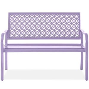 Indoor Outdoor Steel Bench w/ Geometric Backrest, Foot Levelers