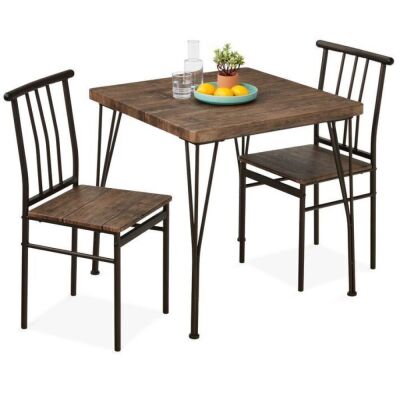 3-Piece Metal Wood Square Dining Table Furniture Set w/ 2 Chairs