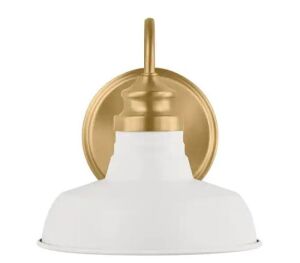 Hampton Bay Elmcroft 7.63 in. 1-Light Brushed Gold Farmhouse Wall Sconce with Designer White Metal Shade