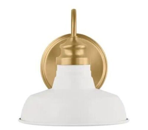 Hampton Bay&nbsp;Elmcroft 7.63 in. 1-Light Brushed Gold Farmhouse Wall Sconce with Designer White Metal Shade