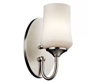 Lot of (2) KICHLER Aubrey 1-Light Brushed Nickel Indoor Wall Sconce Light with Satin Etched Cased Opal Glass Shade