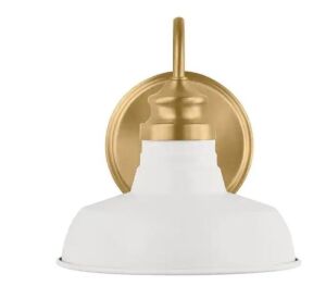 Hampton Bay Elmcroft 7.63 in. 1-Light Brushed Gold Farmhouse Wall Sconce with Designer White Metal Shade