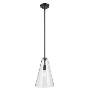 KICHLER Everly 10.25 in. 1-Light Black Modern Shaded Cone Hanging Pendant Light with Clear Glass