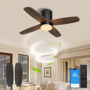 36 in. Smart Indoor LED Dimmable Wood Low Profile Flush Mount Ceiling Fan with Light Kit and Remote Control App Control